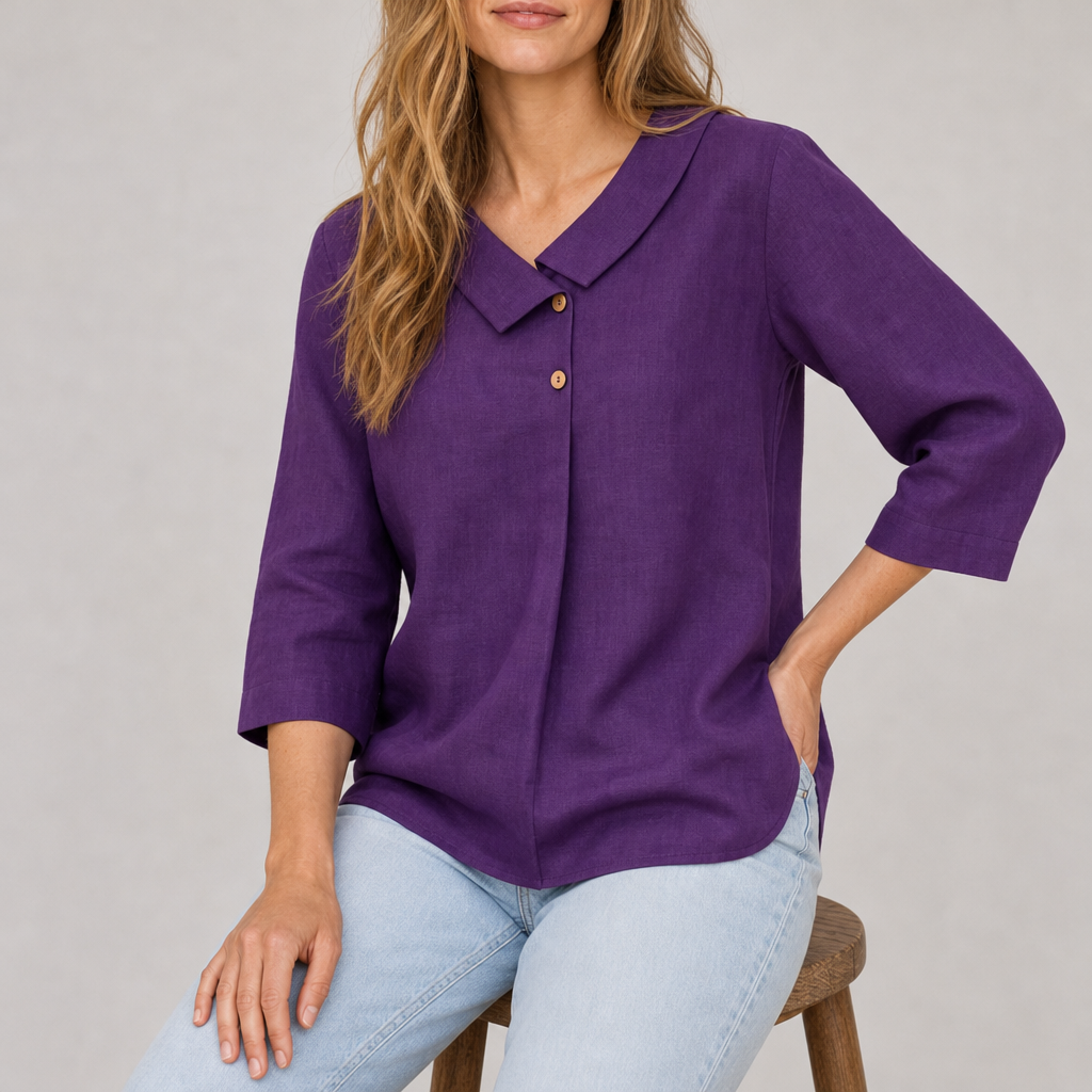 Stresa Linen Asymmetric Collar Top in Dark Purple