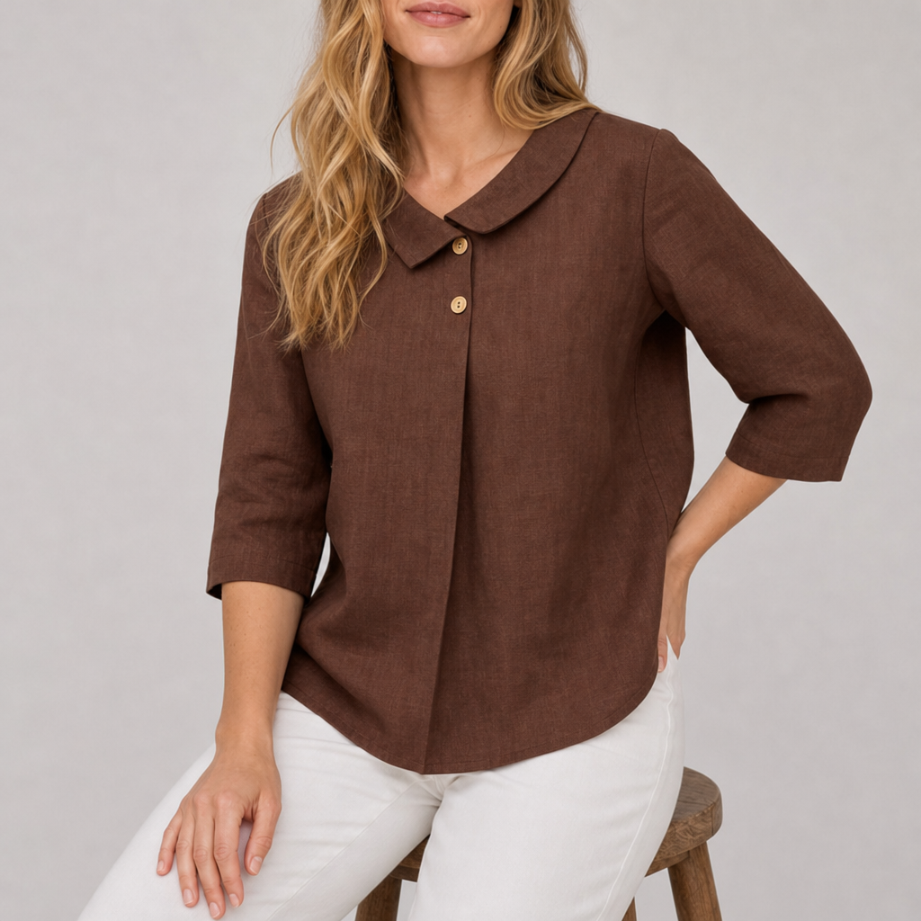 Stresa Linen Asymmetric Collar Top in Espresso Brown
