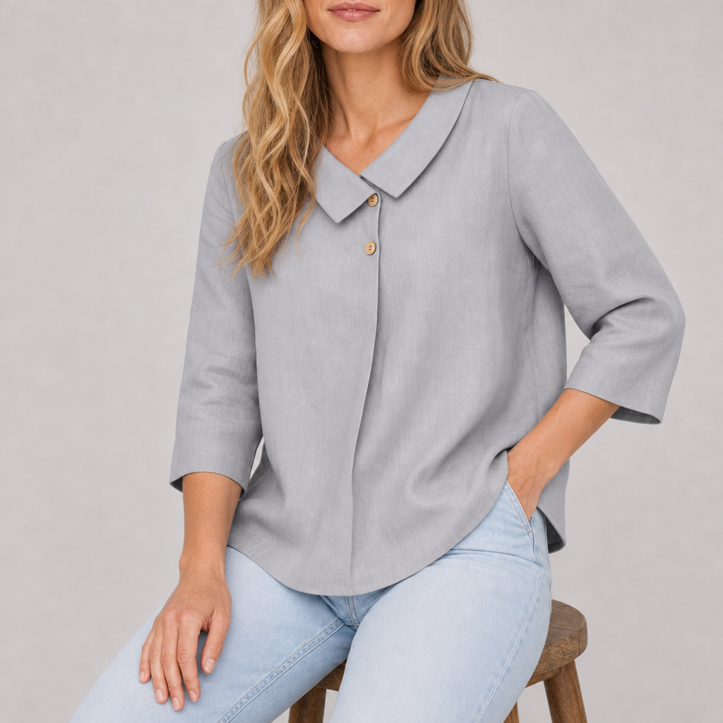 Stresa Linen Asymmetric Collar Top in Silver Ash