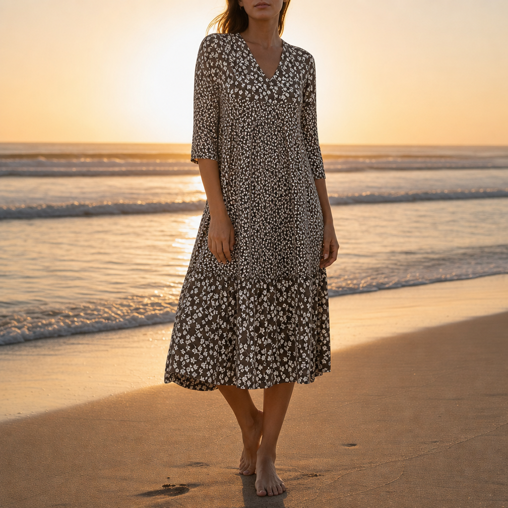 Tarifa Floral Print Midi Dress in Brown