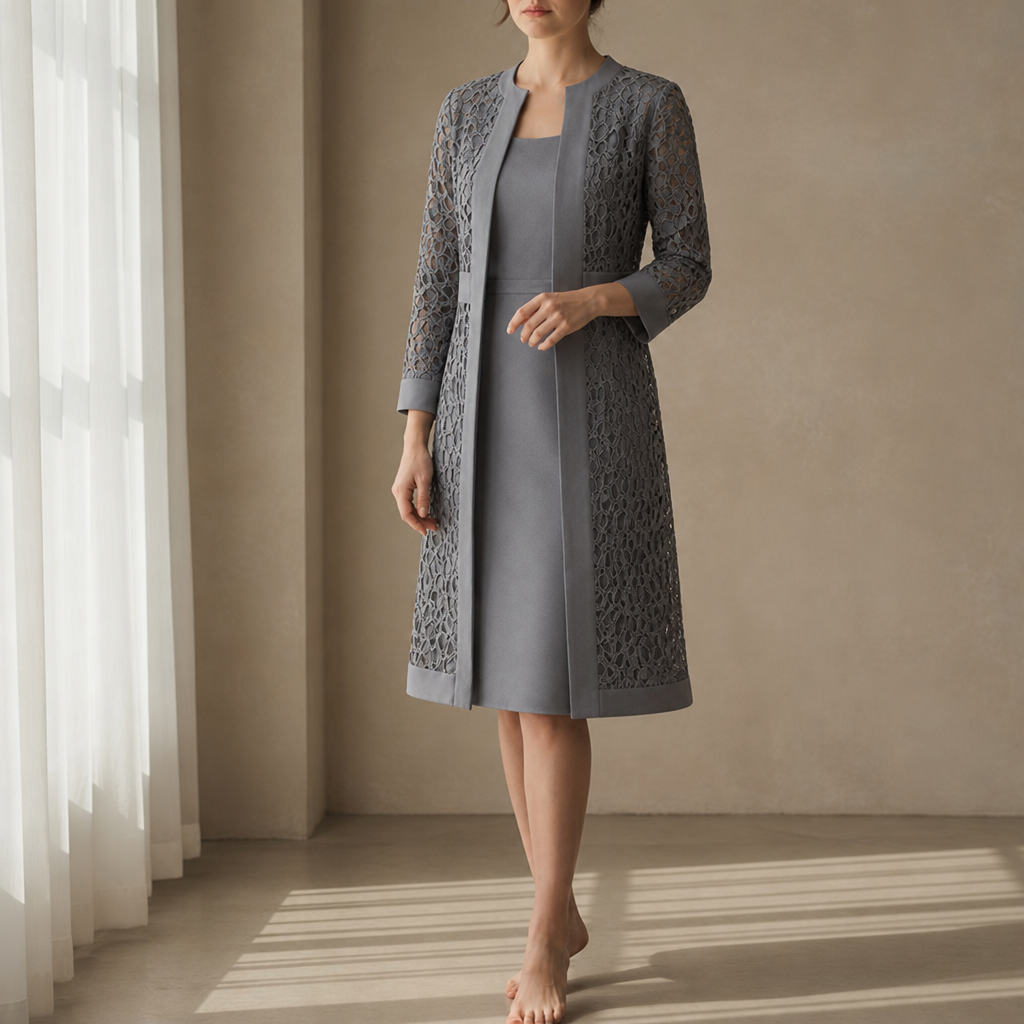 Thassos Lace Overlay Dress Set in Gray