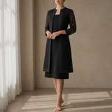 Thassos Lace Overlay Dress Set in Black