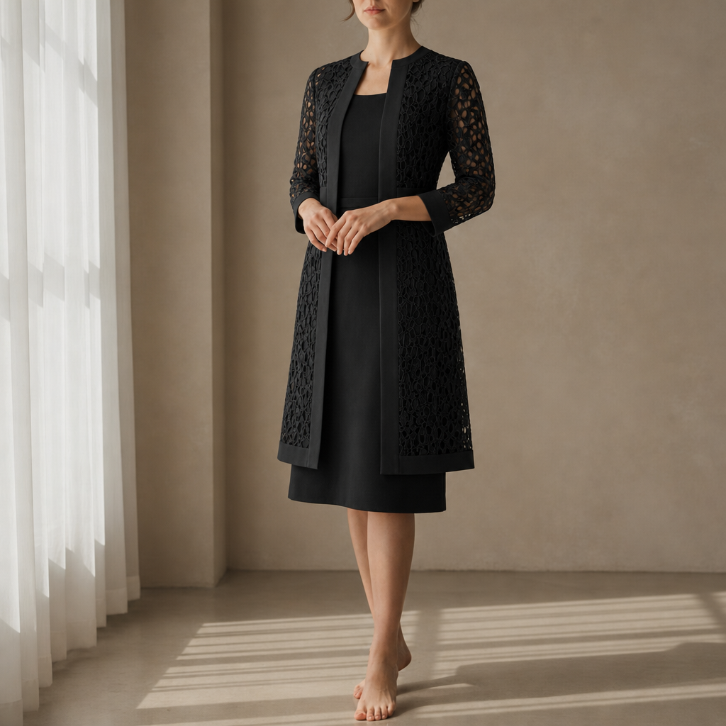 Thassos Lace Overlay Dress Set in Black