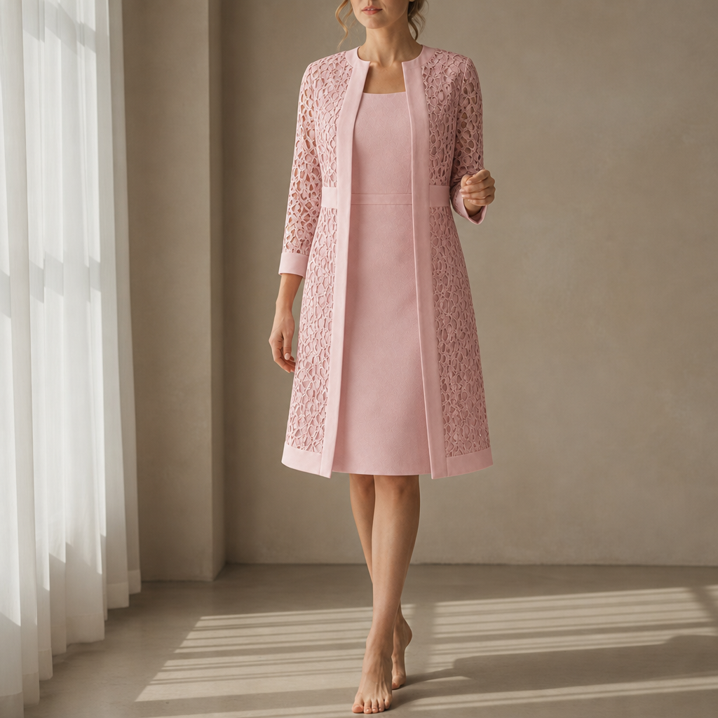 Thassos Lace Overlay Dress Set in Pink