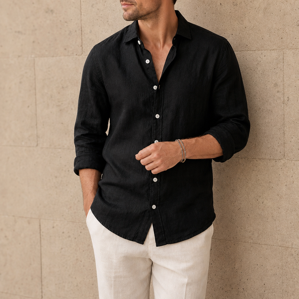 Toledo Linen Button-Up Shirt in Black