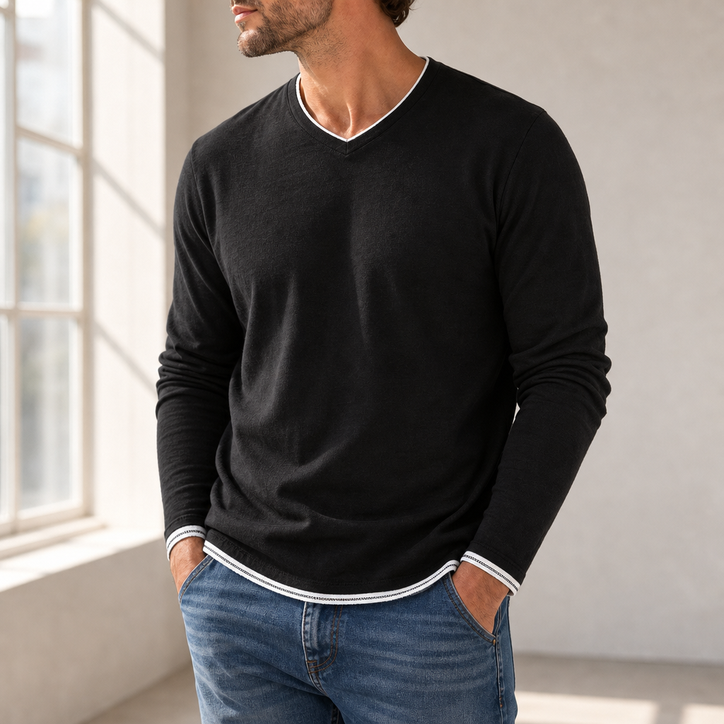 Trento Contrast Trim V-Neck Tee in Black
