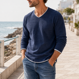 Trento Contrast Trim V-Neck Tee in Navy Blue