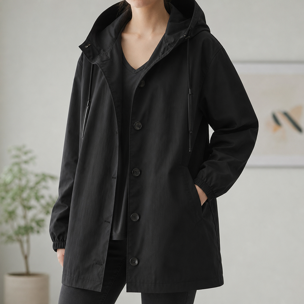 Trento Hooded Trench Windbreaker in Black