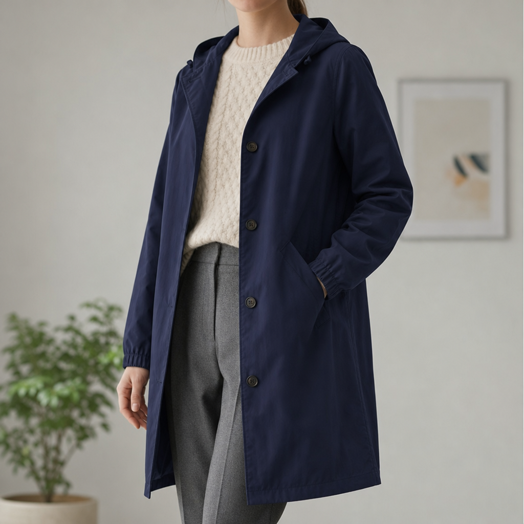 Trento Hooded Trench Windbreaker in Navy Blue
