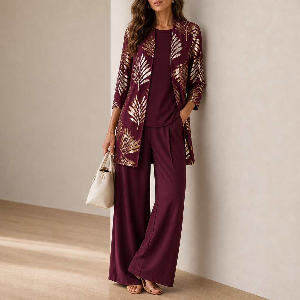 Trogir Leaf Print 3-Piece Set in Burgundy Blossom