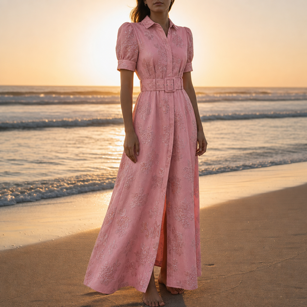 Verona Belted Jacquard Maxi Dress in Pink