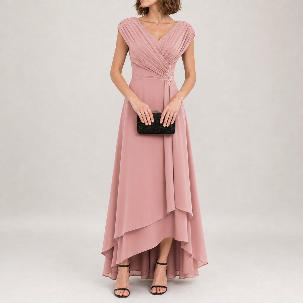 Verona Pleated High-Low Chiffon Dress in Dusty Rose