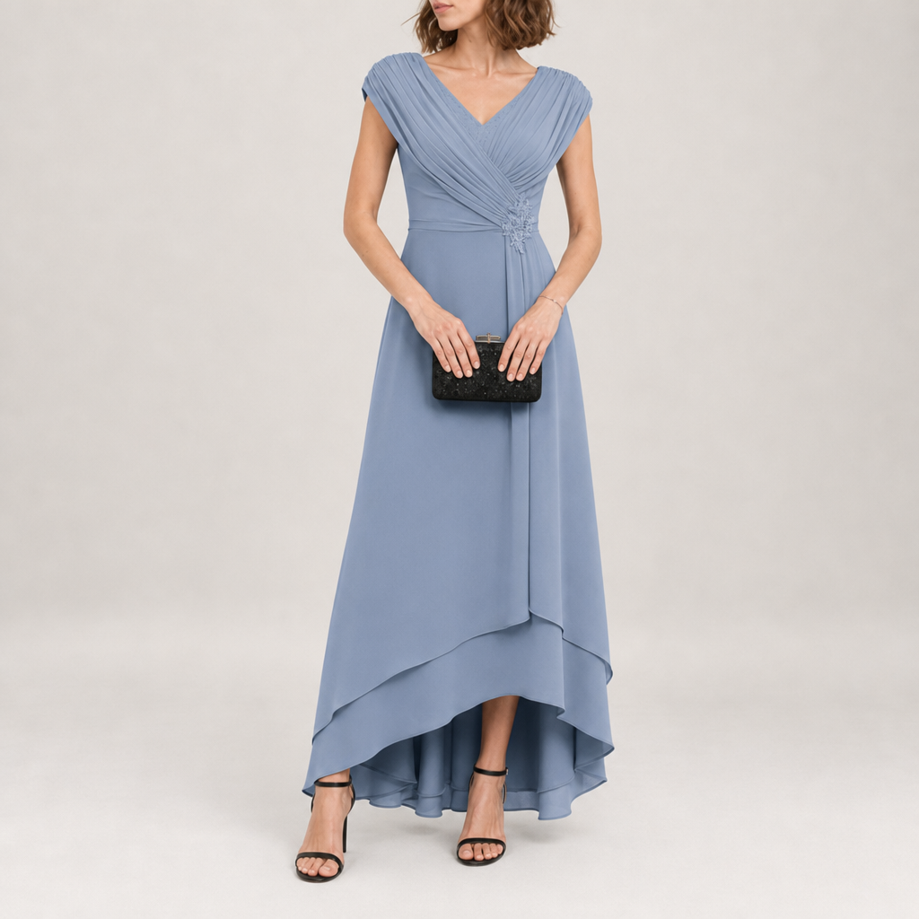 Verona Pleated High-Low Chiffon Dress in Dusty Blue