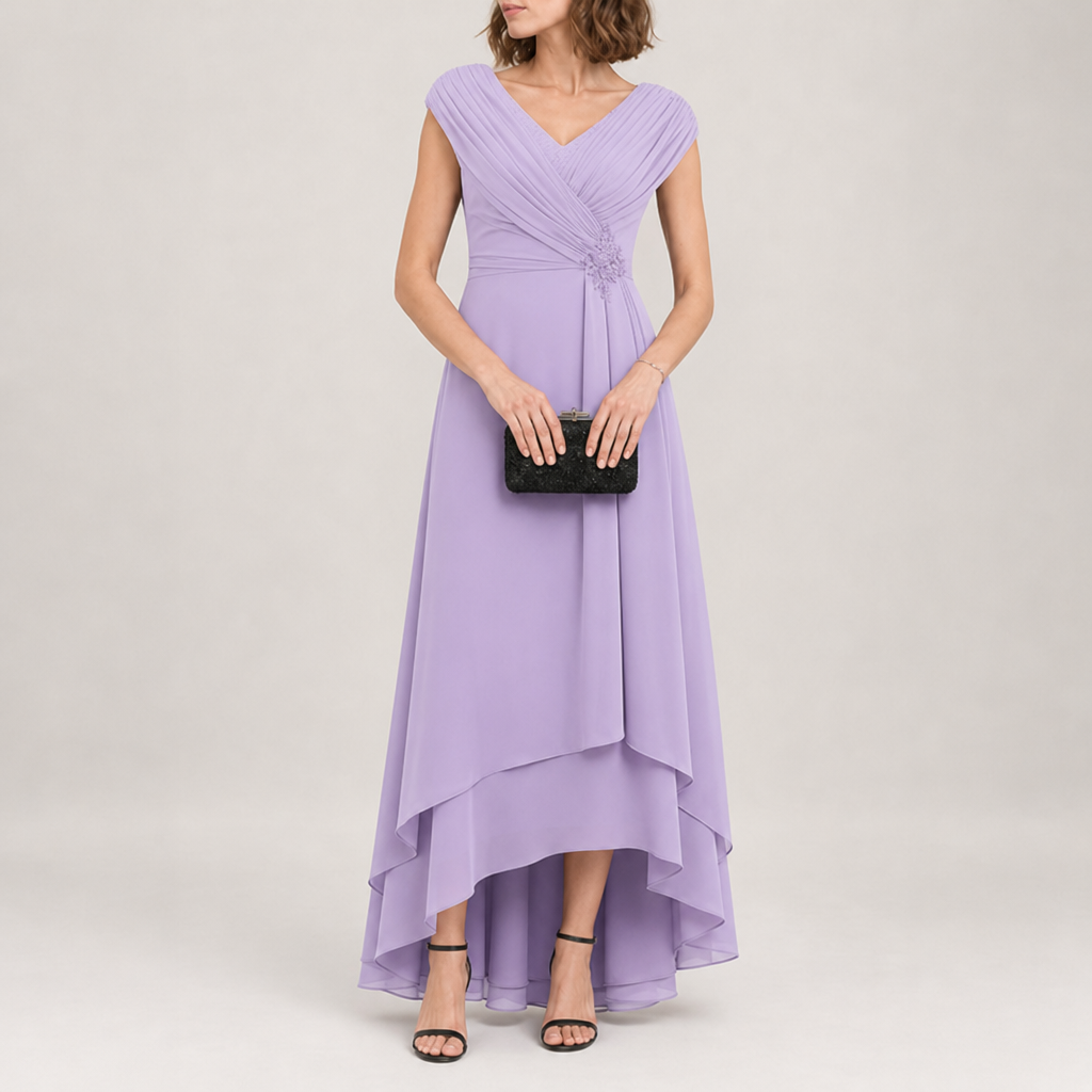 Verona Pleated High-Low Chiffon Dress in Dusty Purple