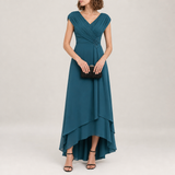 Verona Pleated High-Low Chiffon Dress in Deep Teal