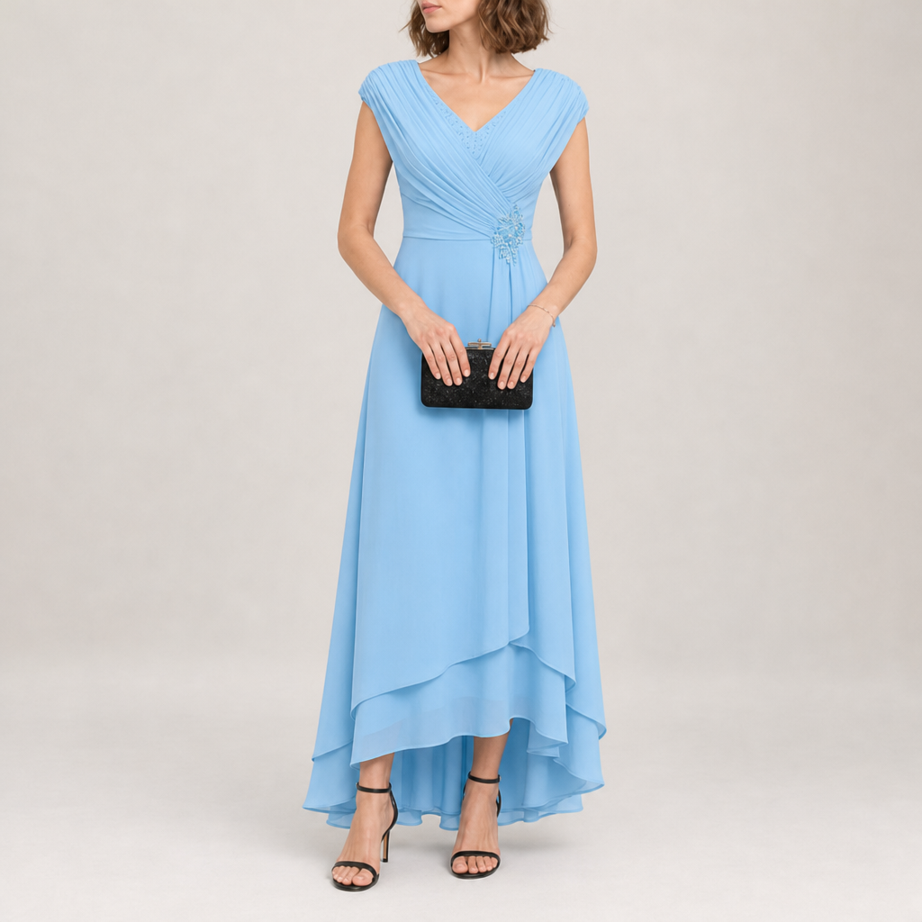 Verona Pleated High-Low Chiffon Dress in Ice Blue