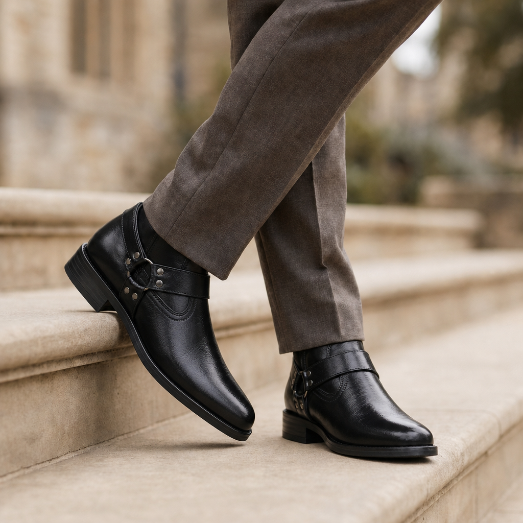 Viana Leather Harness Boots in Obsidian Black