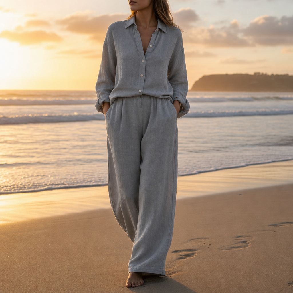 Vieste Linen Button-Up Co-ord Set in Gray