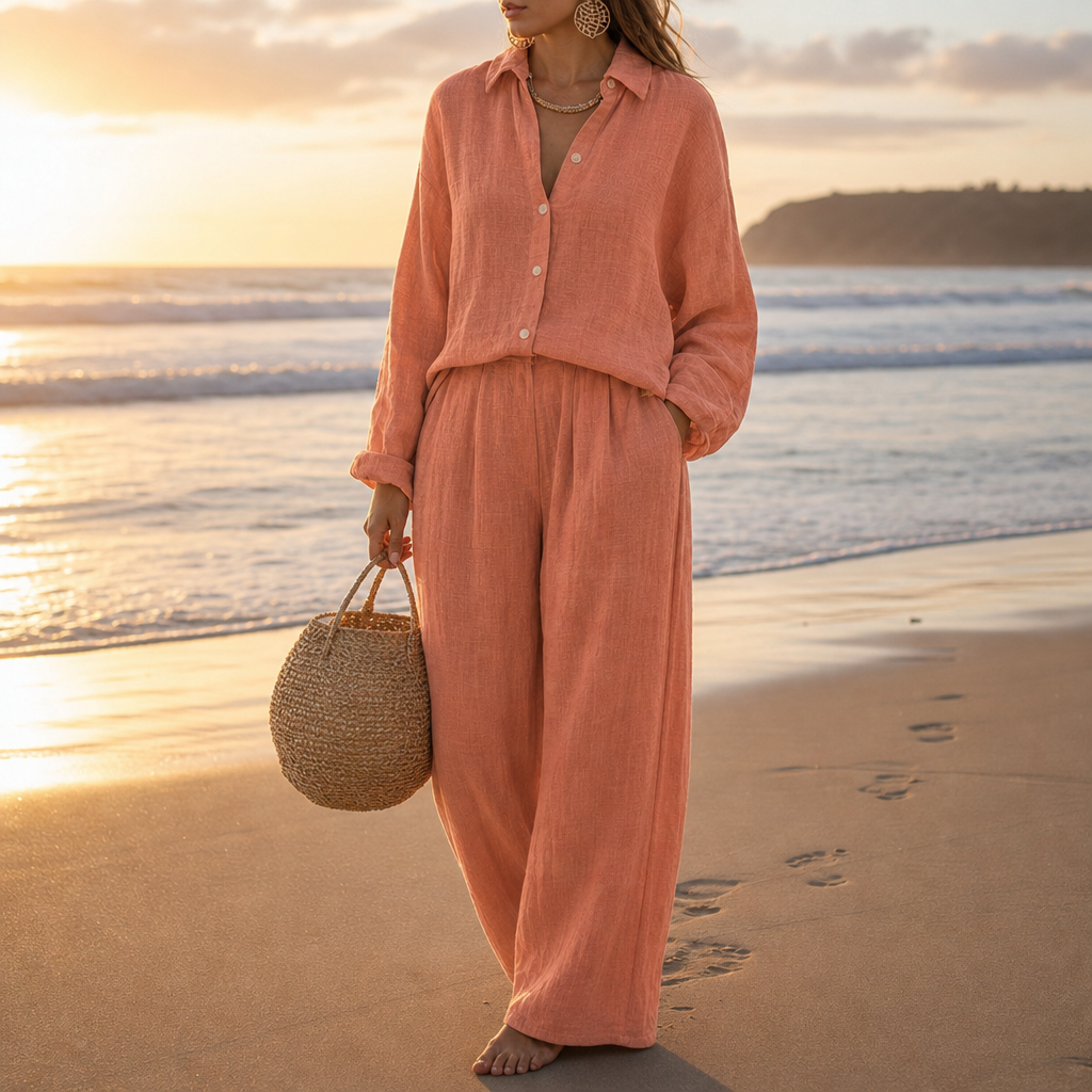 Vieste Linen Button-Up Co-ord Set in Orange