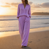 Vieste Linen Button-Up Co-ord Set in Purple